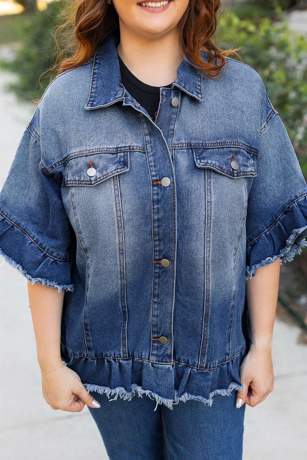 Plus Size Peacock Blue Frayed Short Sleeve Denim Jacket