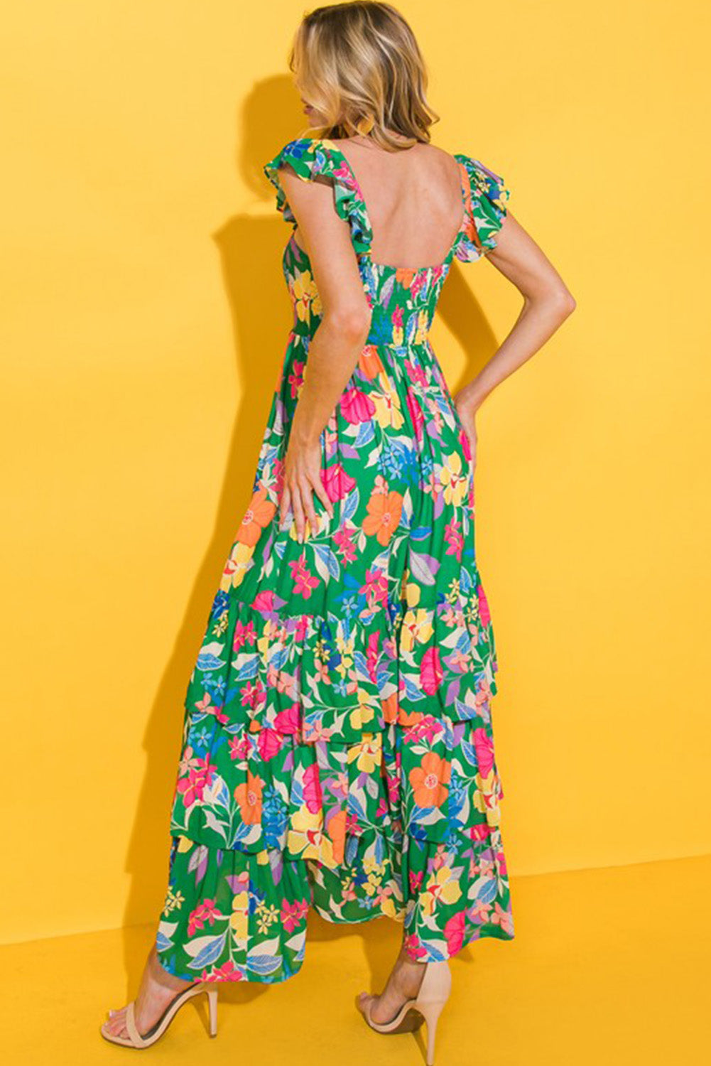 Green Floral Print Sleeveless Ruffled Maxi Dress