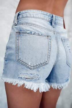 Light Blue Ripped High Waisted Denim Shorts with Raw Hem