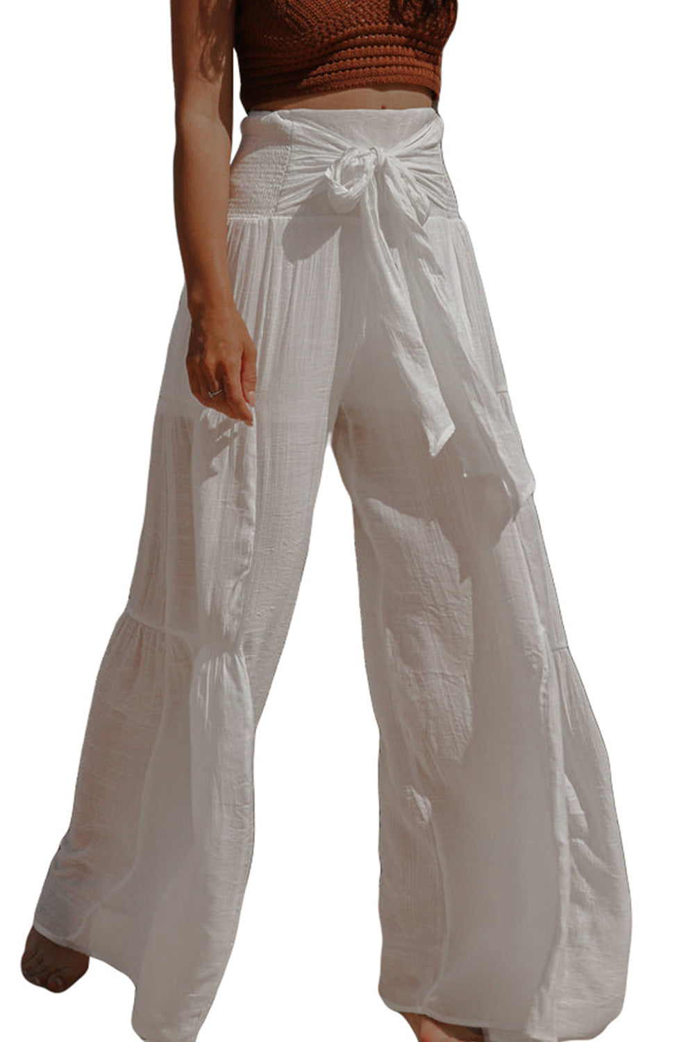 Pantalones anchos bohemios de cintura alta con fruncido blanco