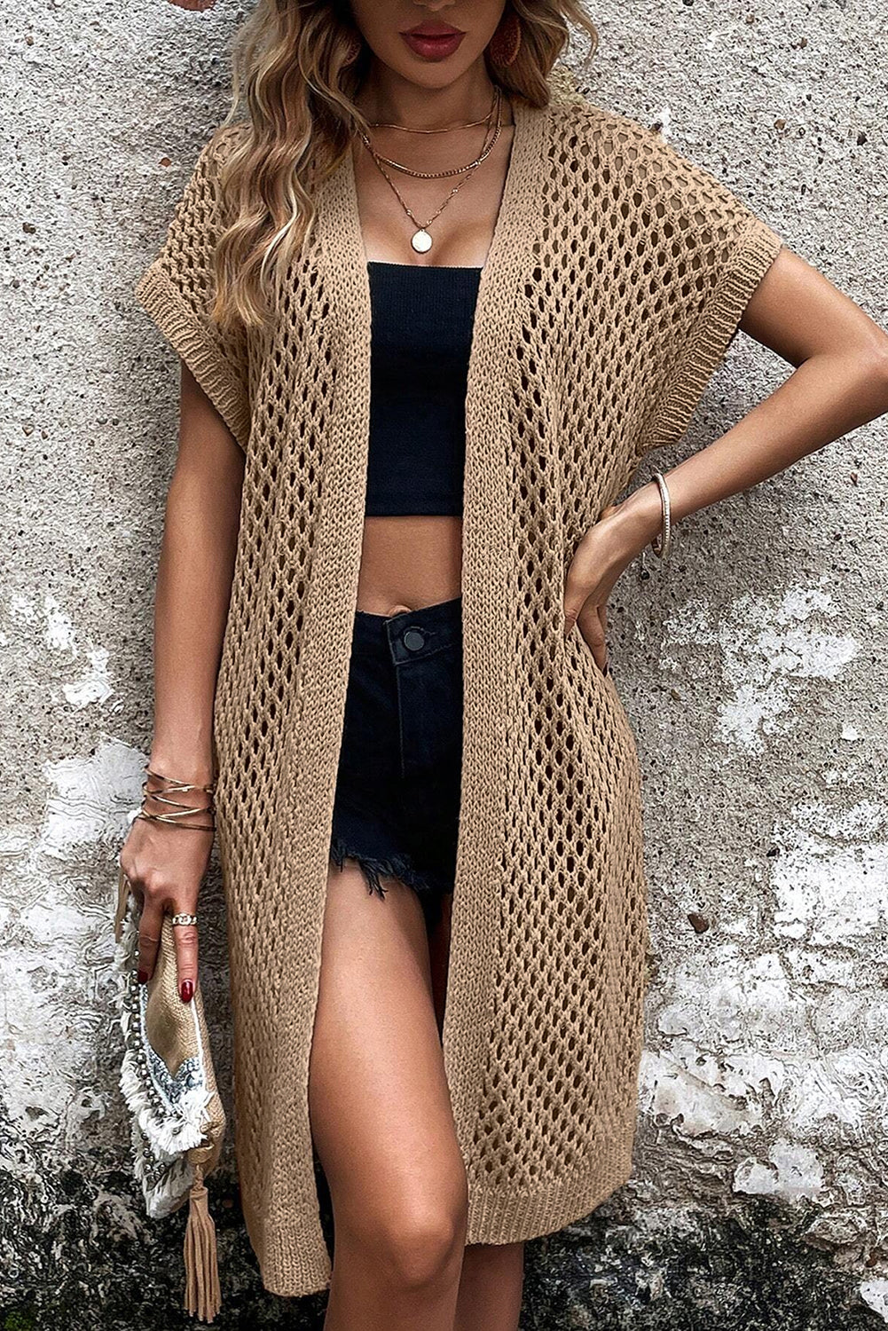 Cardigan camel ouvert sur le devant en maille pointelle à manches chauve-souris-A WOMAN WE LOVE