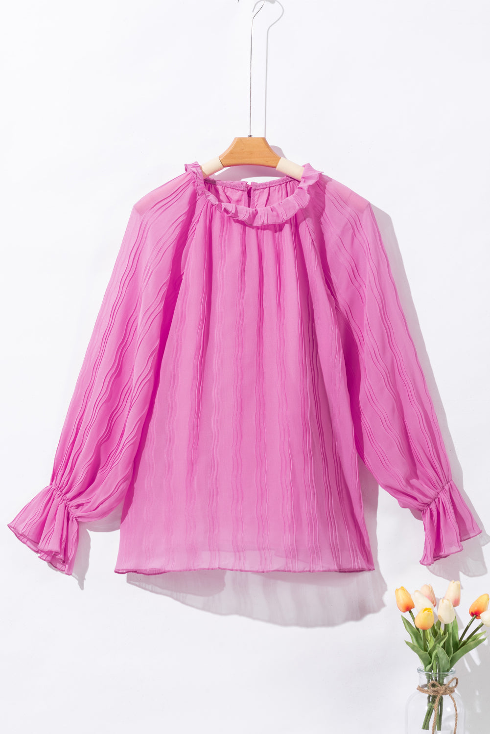 Blusa de manga larga con manga larga con manga larga de color rosa plisado