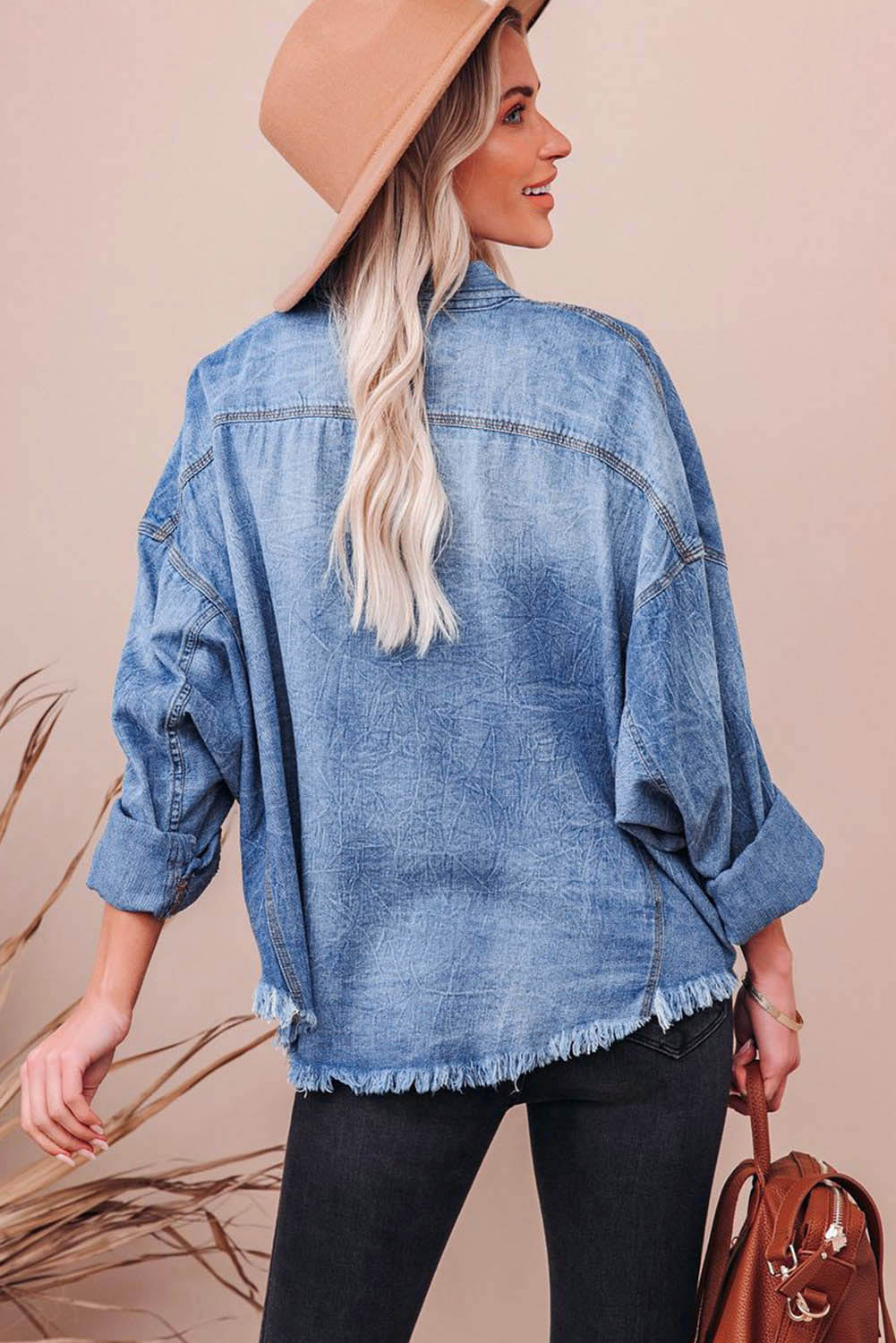 Sky Blue Sequin Denim Jacket with Flap Pockets and Raw Hem for Game Day