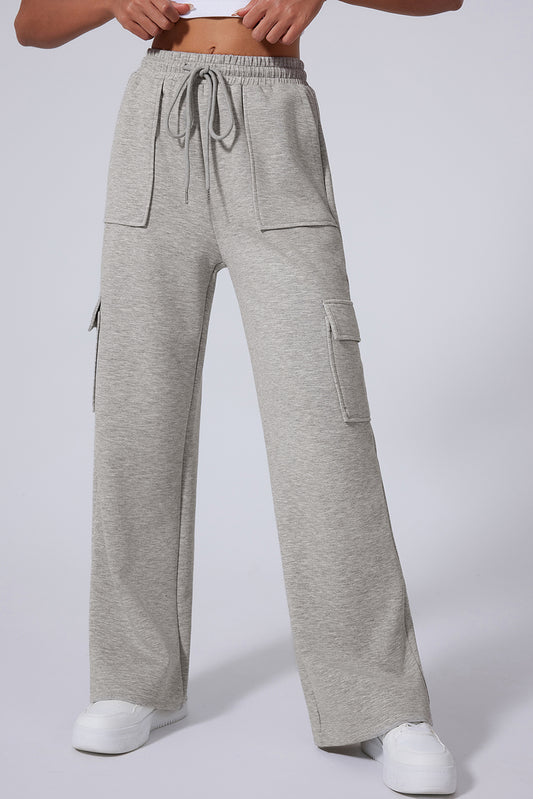 Pantalon d'entraînement à jambes larges et multi-poches à lacets taille haute gris clair