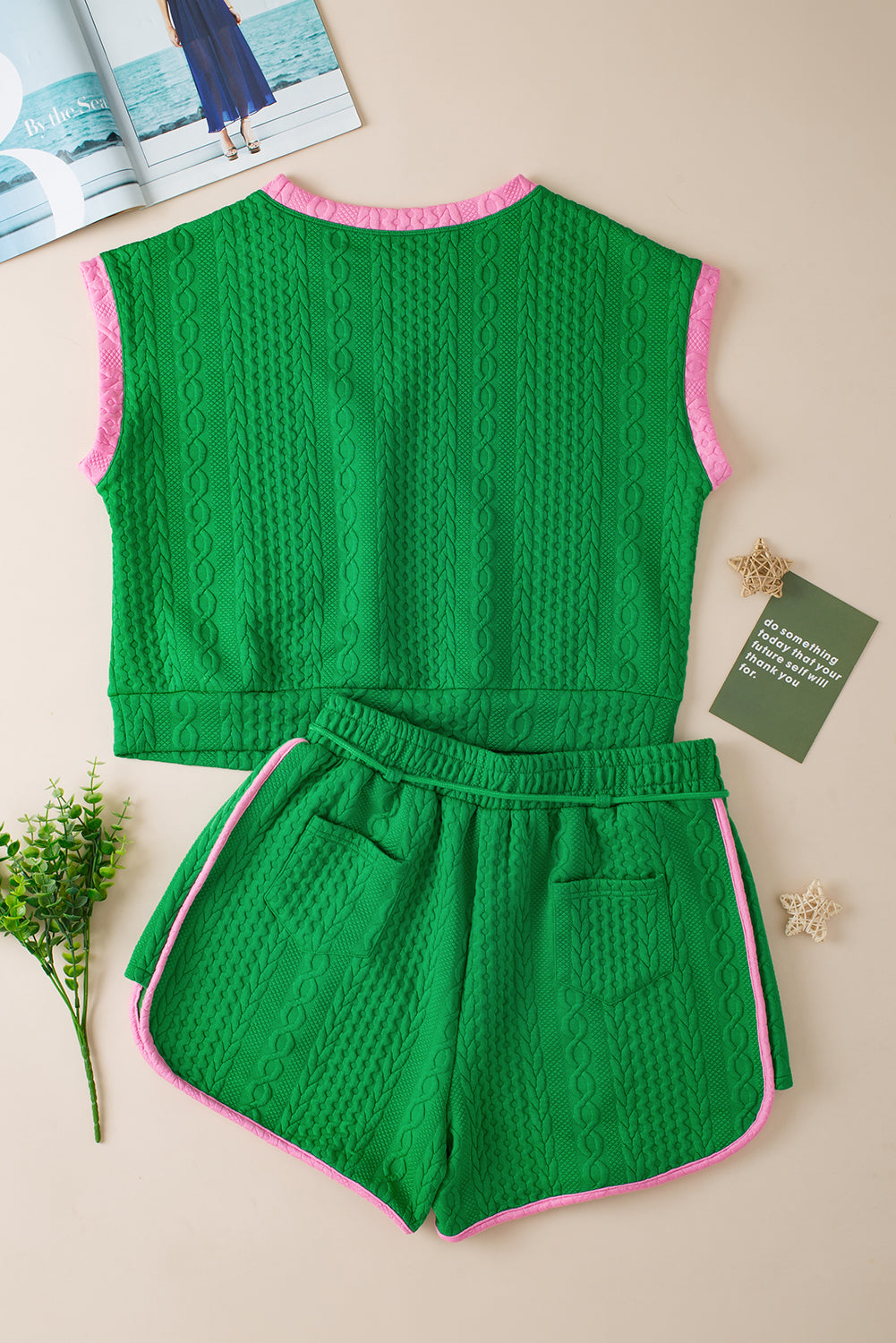 Grüne Kontrastverkabelung Kabel Textured Shorts Set Set