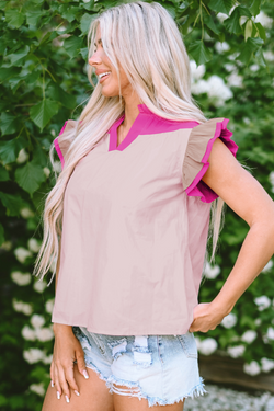 V -neck pink blouse and fluffed sleeves *