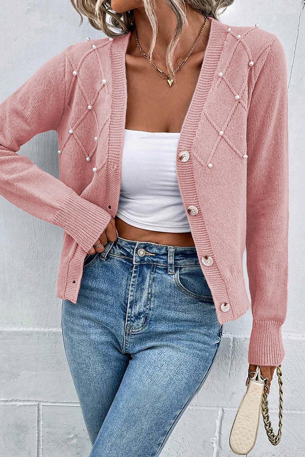 Textured Knit Button Cardigan with Pearls and Sepia Pink Beads