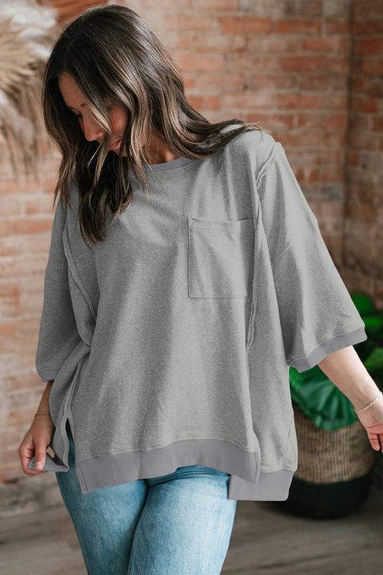 T-shirt ample fendu avec poche poitrine et coutures apparentes gris clair