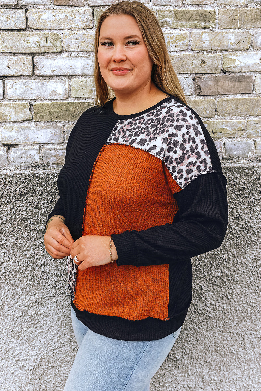 Black Orange Orange Coloterblock Leopard Patchwork Waffle Knit Plus Size Top