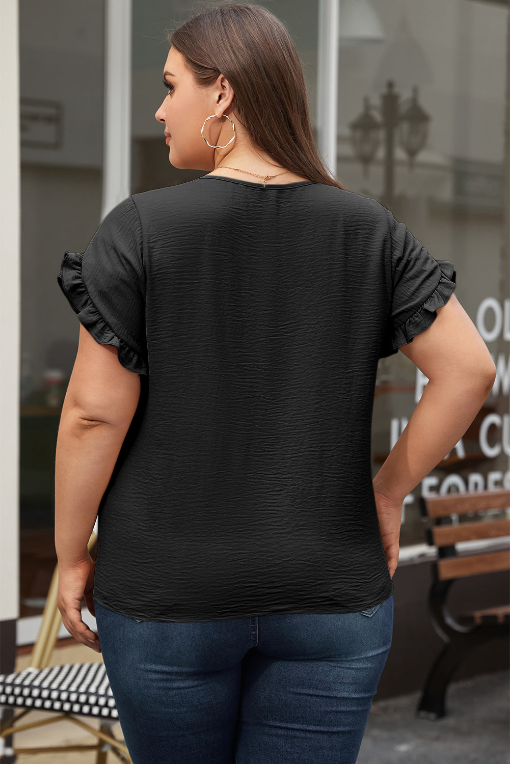 Black Ruffled Short Sleeve Plus Size Top