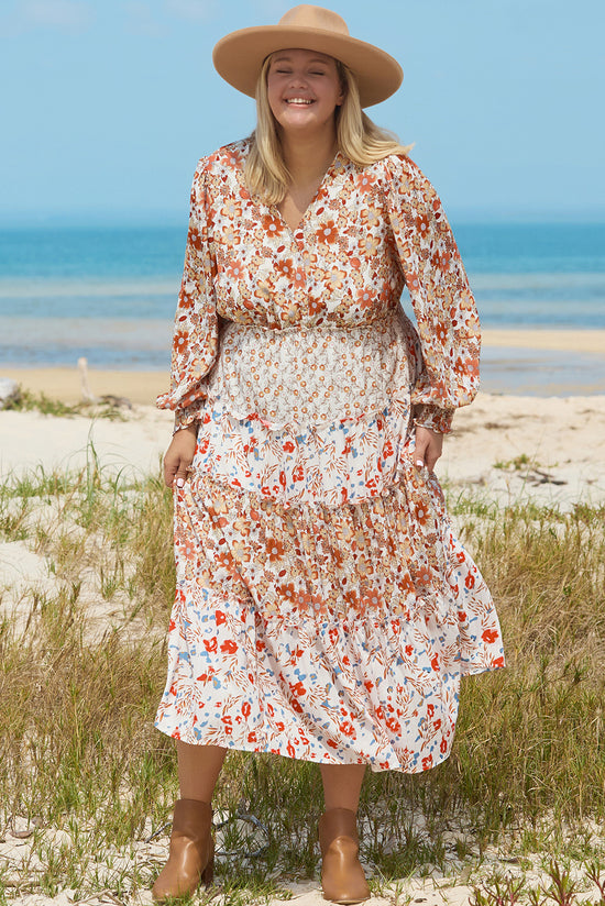 Khaki - Long Floral Dress with large stained steering