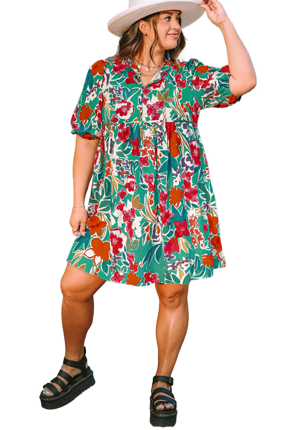 Robe babydoll bleu ciel à imprimé floral de grande taille à manches bouffantes et col noué