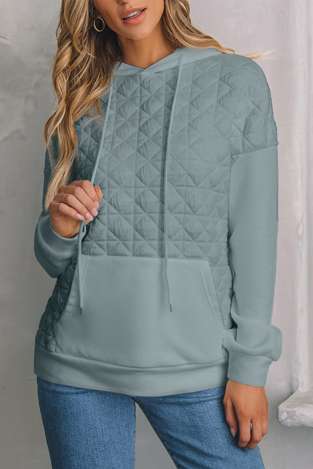 Light Grey Quilted Drop Shoulder Patchwork Kangaroo Pocket Hoodie