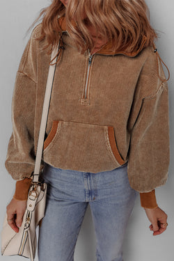 Brown corduroy hoodie with half zip and kangaroo pocket with drawstring