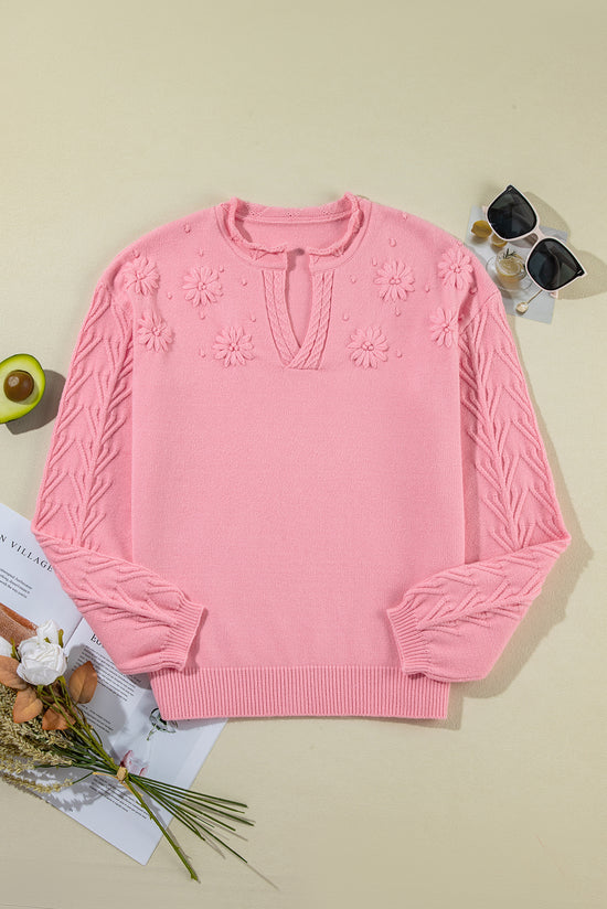 Knitted sweater with notched neck and flower details *