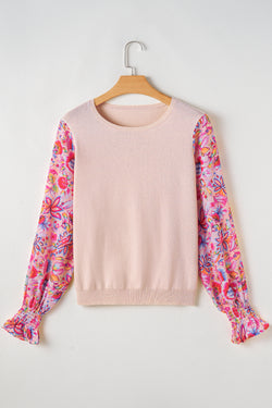 Oatmeal Floral Print Smocked Lantern Sleeve Knit Top