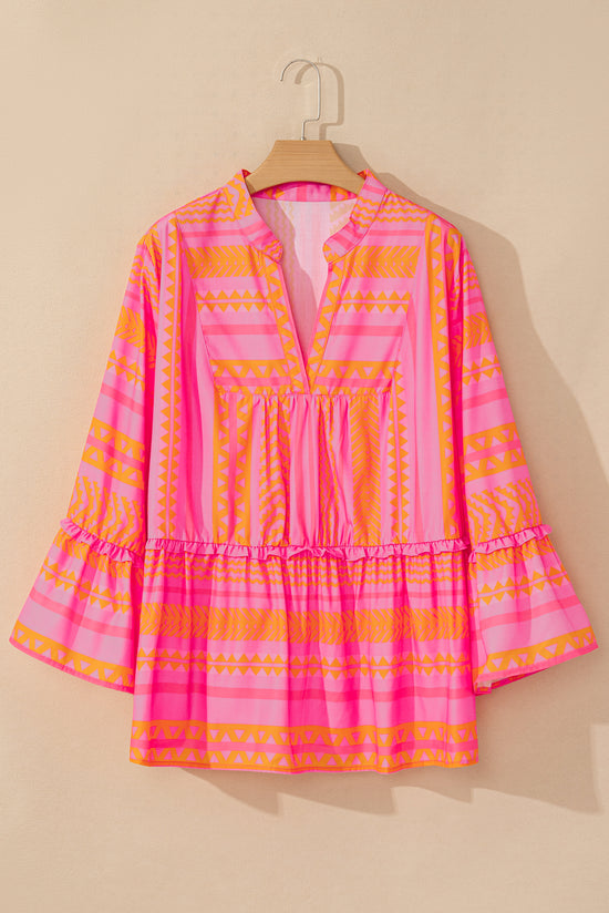 Vitality Orange - Plus Size Geometric Print Bell Sleeve Babydoll Blouse