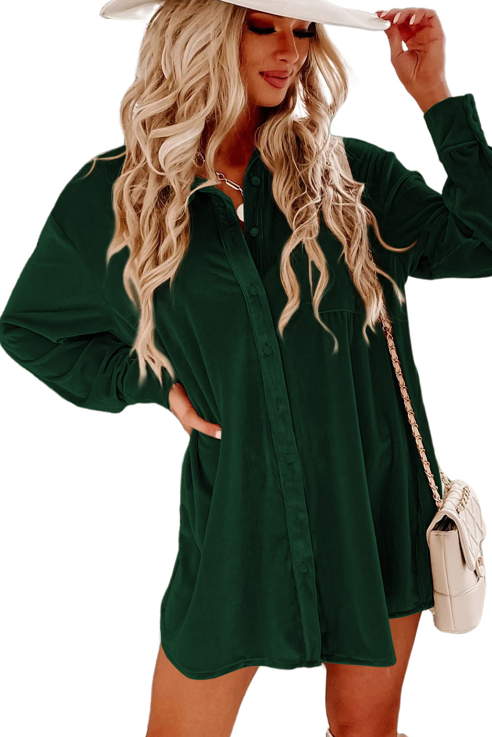 Blackish Green Velvet Button Fronthemd Mini Kleid