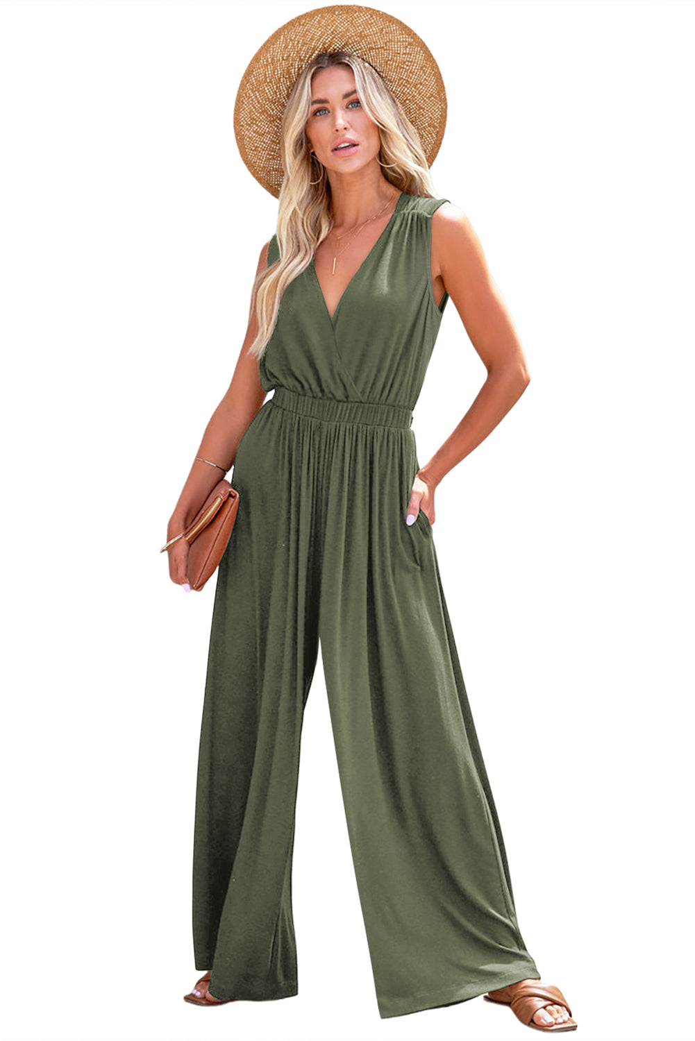 Jungle Green Deep V plissé Crisscross Ligne large Jumps à saut