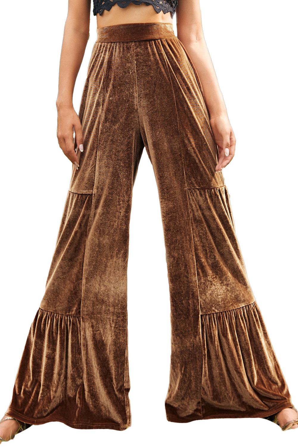 Pantalon large en velours marron à ourlet volanté