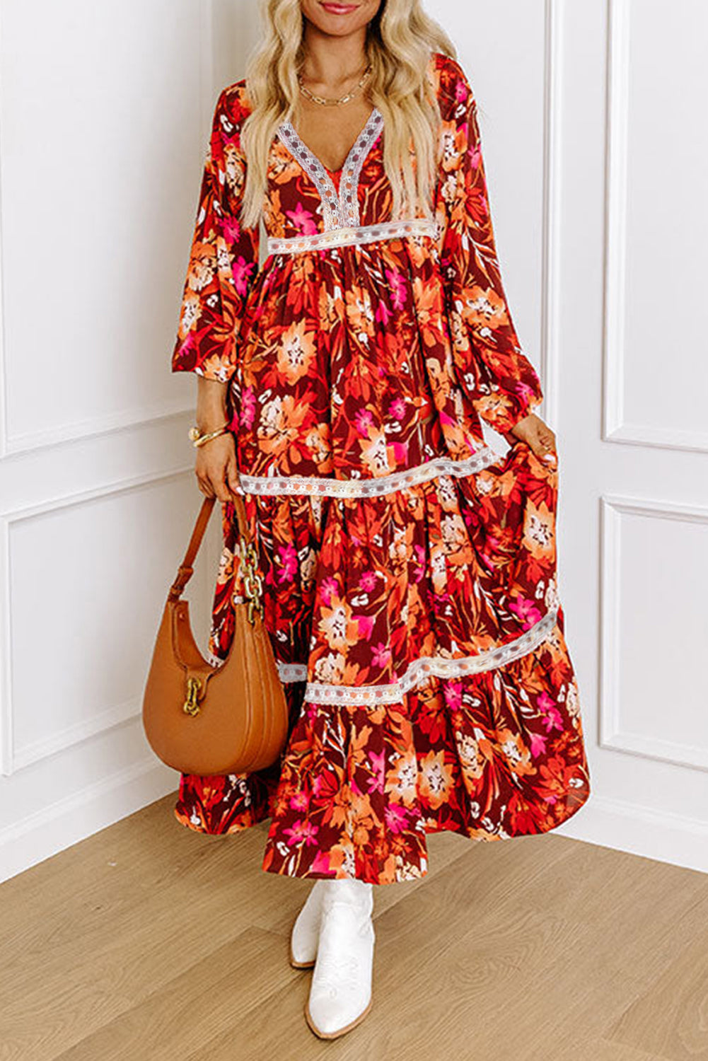 Orange Floral Print V-Neck Lace Trim Patched Maxi Dress