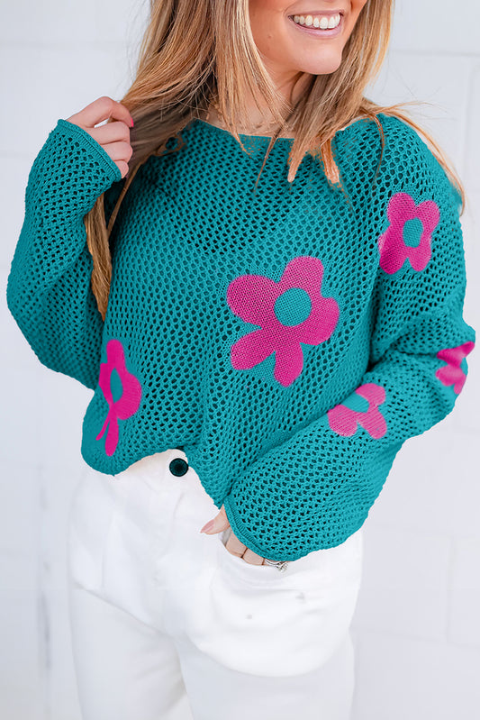 Dropped shoulder sweater in openwork knit with large sea green flower