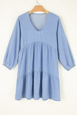 Beau Blue - Mini-robe en chambray à volants et manches bouffantes, col en V