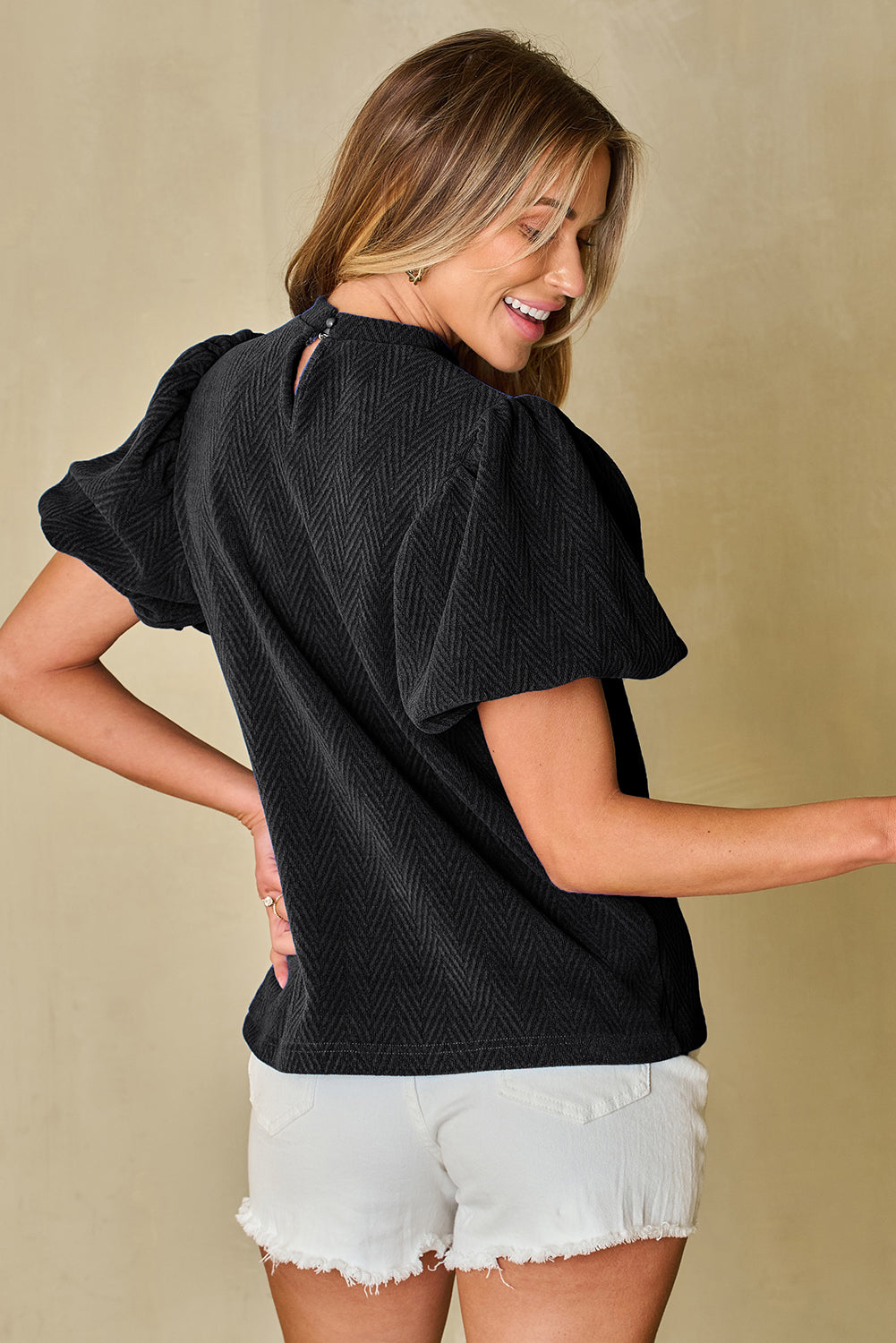 Black Solid Textured Puff Sleeve Mock Neck Blouse