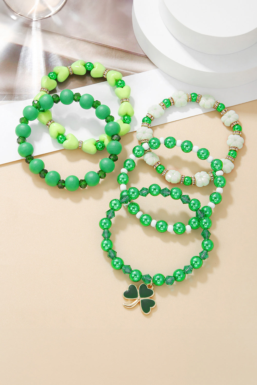 Ensemble de bracelets perlés avec pendentif trèfle vert, 5 pièces