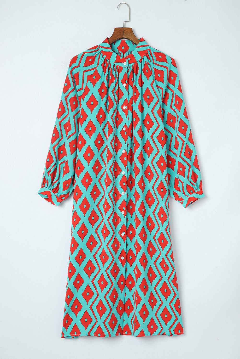 Sky Blue Western Geometric Print Split Buttoned Shirt Dress