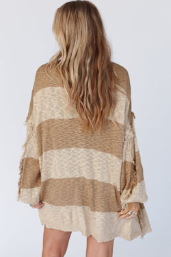 Open cardigan with fringes and lantern sleeves in khaki stripes