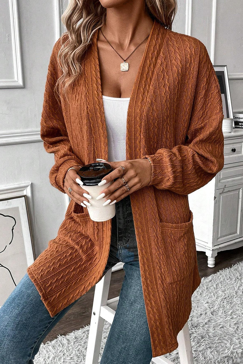 Chestnut Textured Knit Open Front Cardigan with Side Pockets