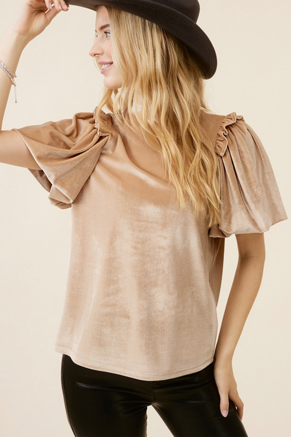 Light French Beige Frilly Puff Sleeve Mock Neck Blouse