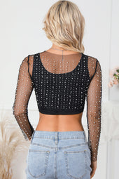 Sheer mesh top with black pearls and rhinestones