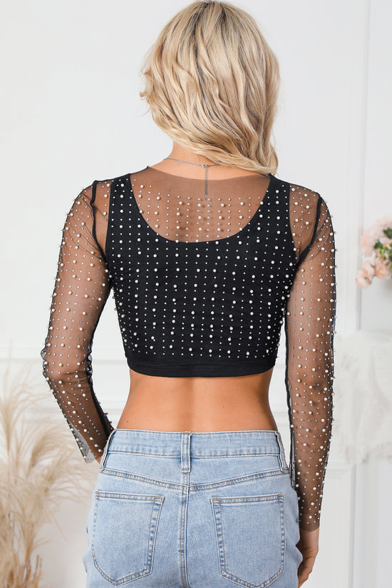 Top de malla transparente con perlas negras y diamantes de imitación