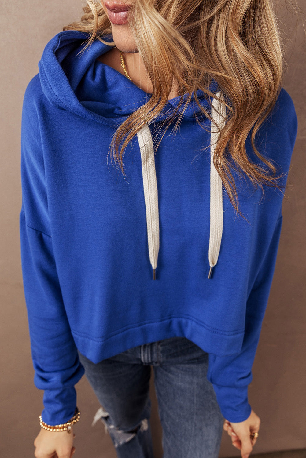 Dark Blue Drop Shoulder Drawstring Cropped Hoodie