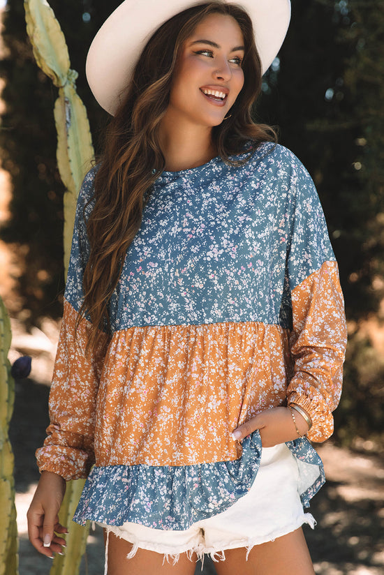 Orange blouse with flowers and color blocks *