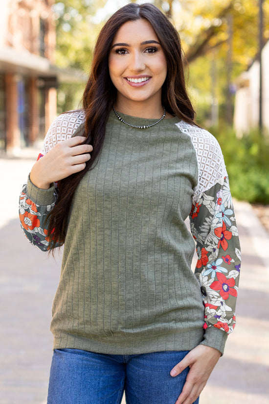 Blouse côtelée à manches longues et patchwork floral Laurel Green