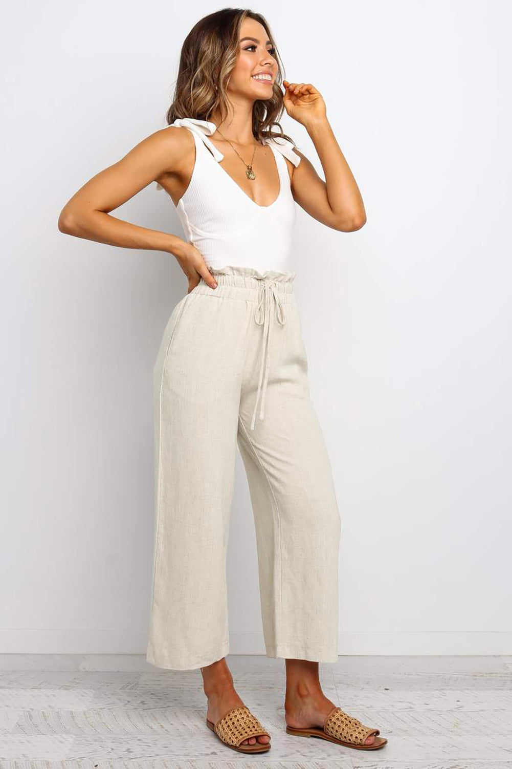 Khaki Paperbag Waist Straight Leg Cropped Pants