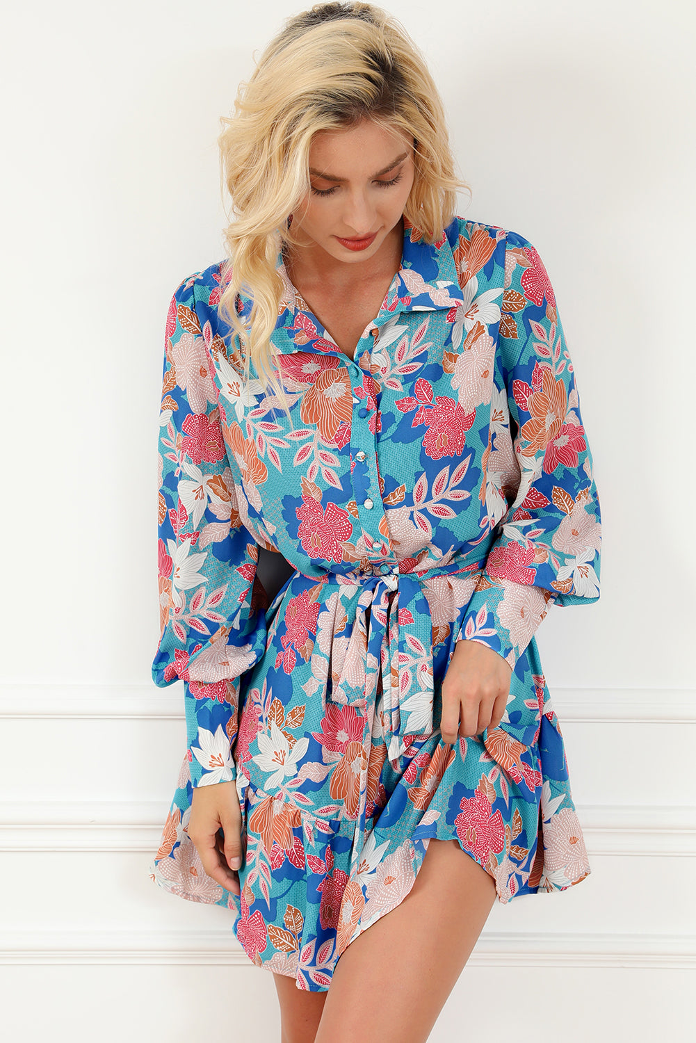 Blue Floral Print Lantern Sleeve Belted Shirt Dress