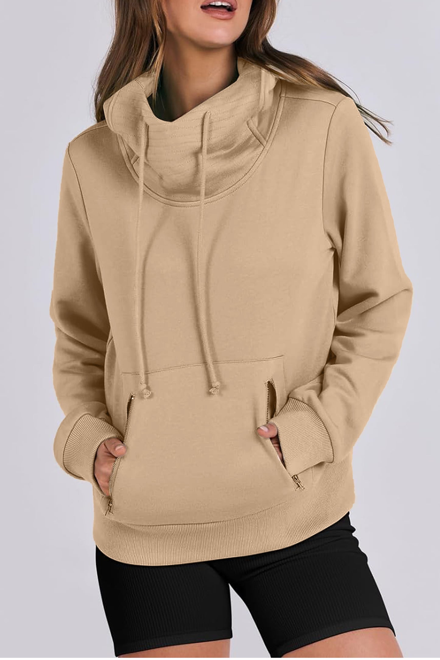 Parchment Cozy Drawstring Hoodie with Zippered Pocket