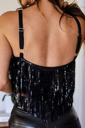 Black Fringed Sequin Tank Top