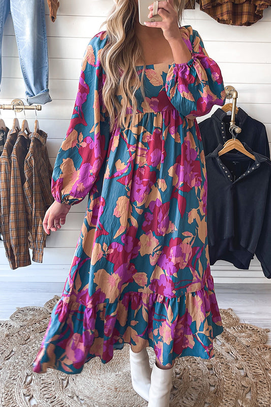 Robe taille haute à volants et col carré imprimé floral multicolore