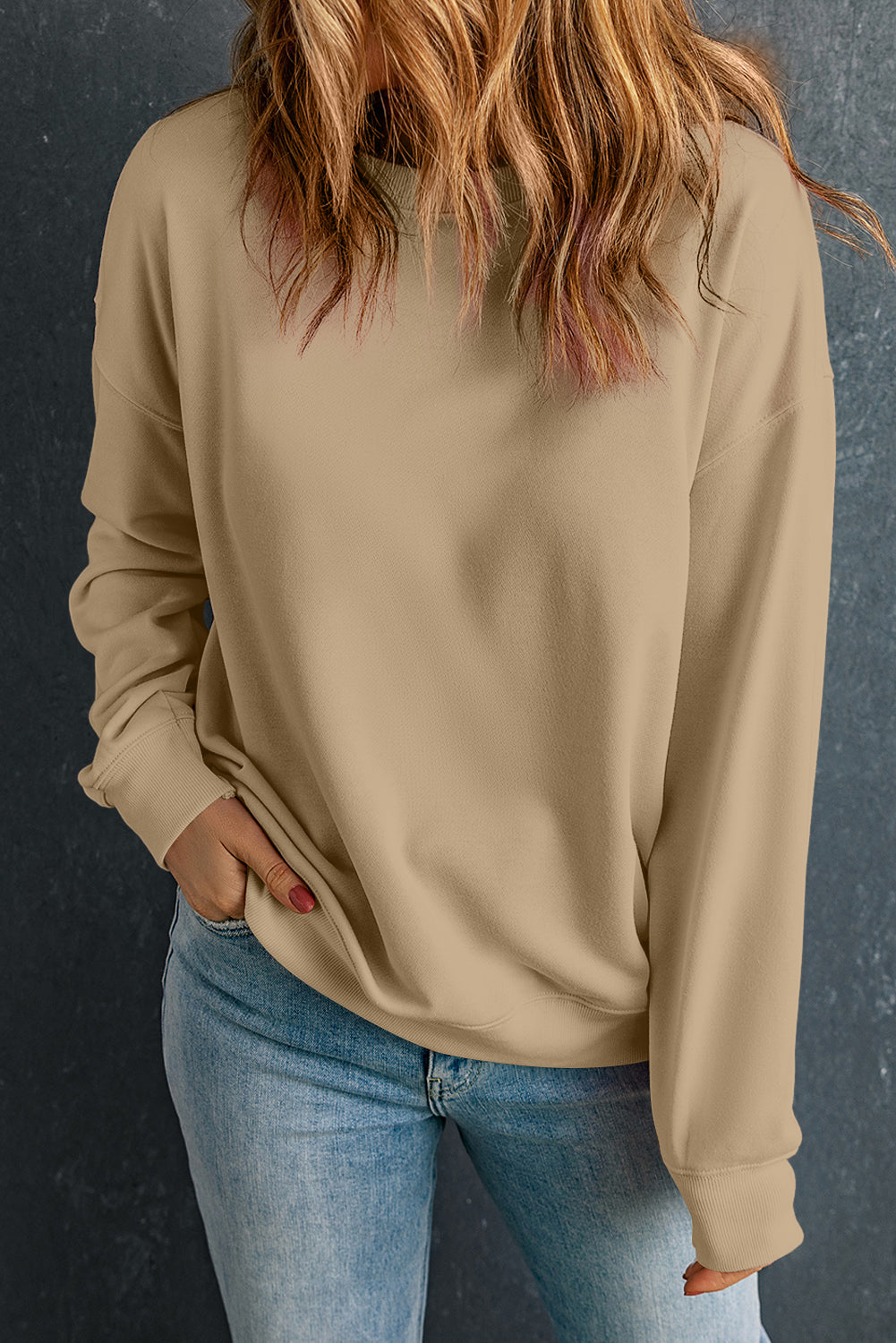 Sweat-shirt Khaki Solid Classic Crewneck Pullover