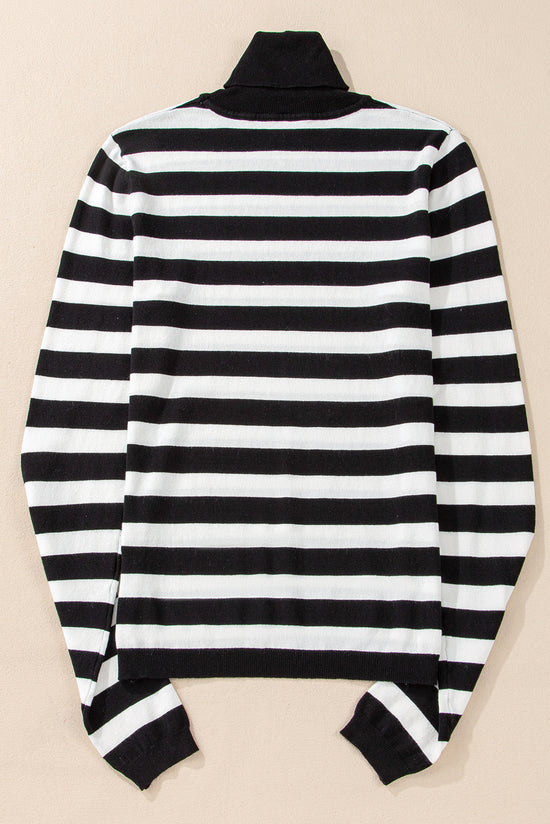 High collar knit sweater and black striped slim cutting