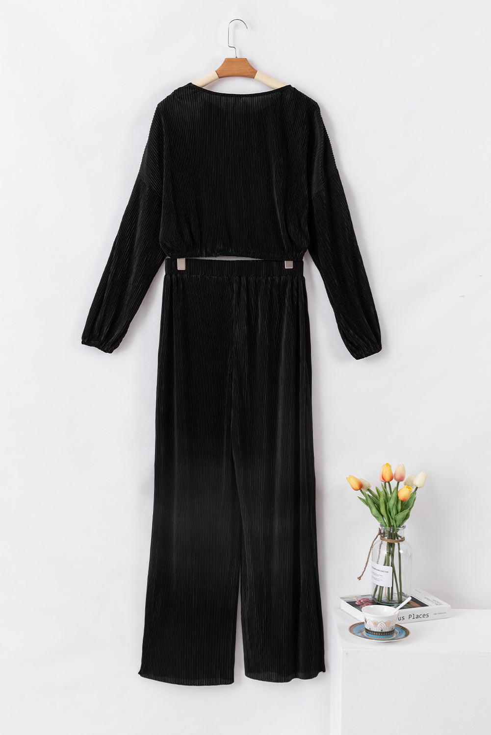 Black cord cropped sweater and wide leg pants set