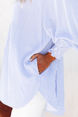 Striped Boyfriend shirt with Smocked Blue Sky Reverse with Pocket