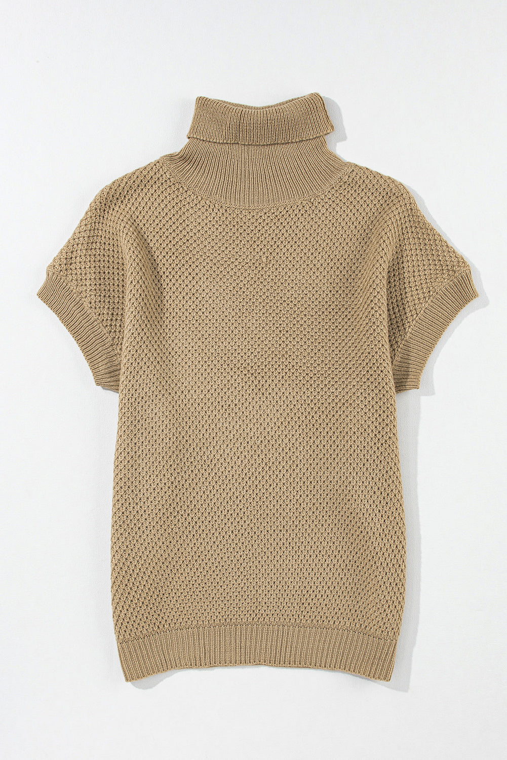 Pale Khaki Turtleneck Textured Short Sleeve Sweater