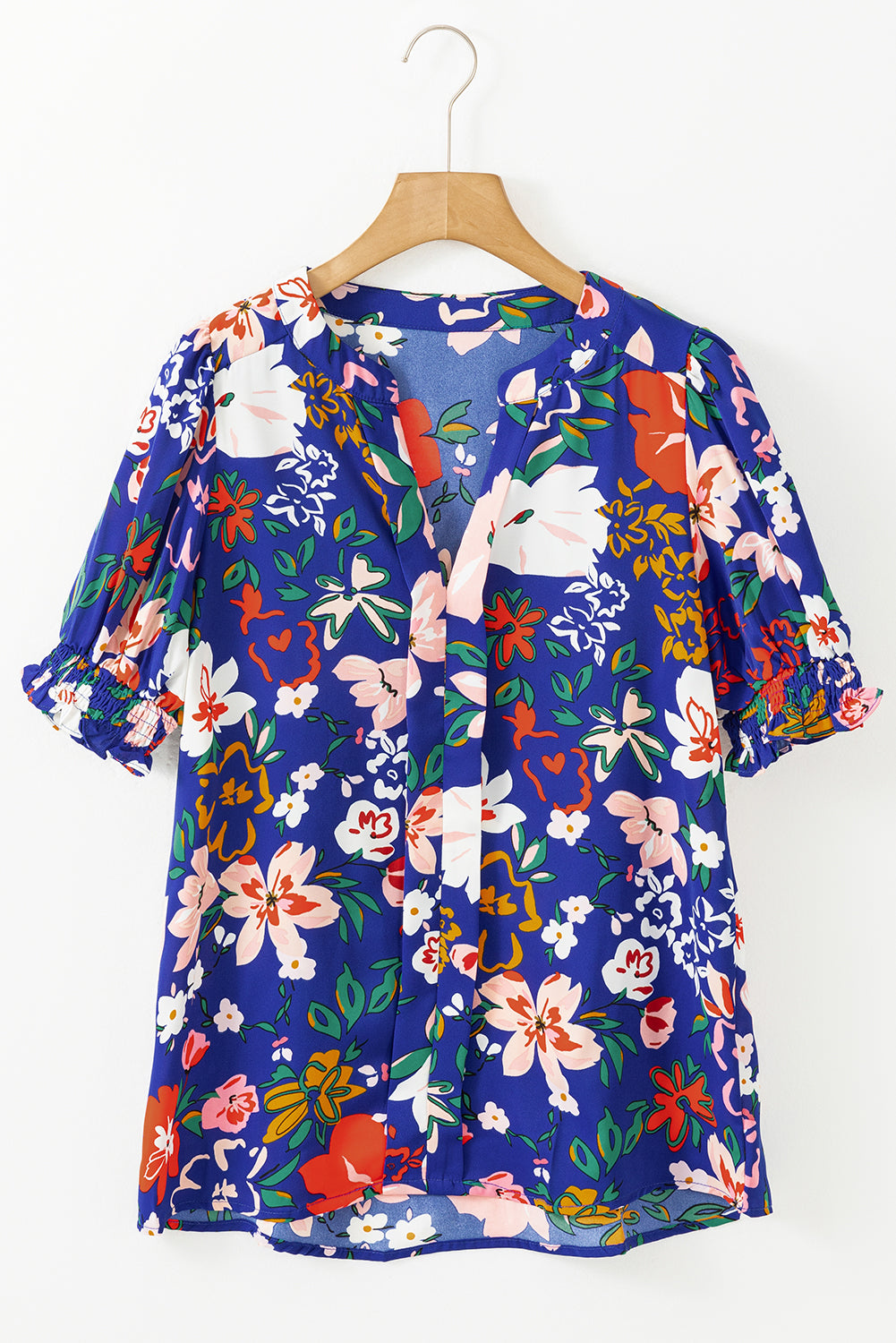 Blusa de manga de hojaldre de cuello en vía floral con estampado floral