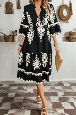 Black geometric western print loose midi dress with 3/4 sleeves